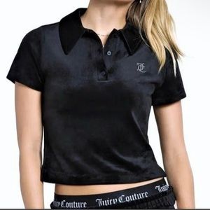 Juicy Couture Womens Crop Velour Polo Top  Crystal Logo Stretch Soft $59 Retail